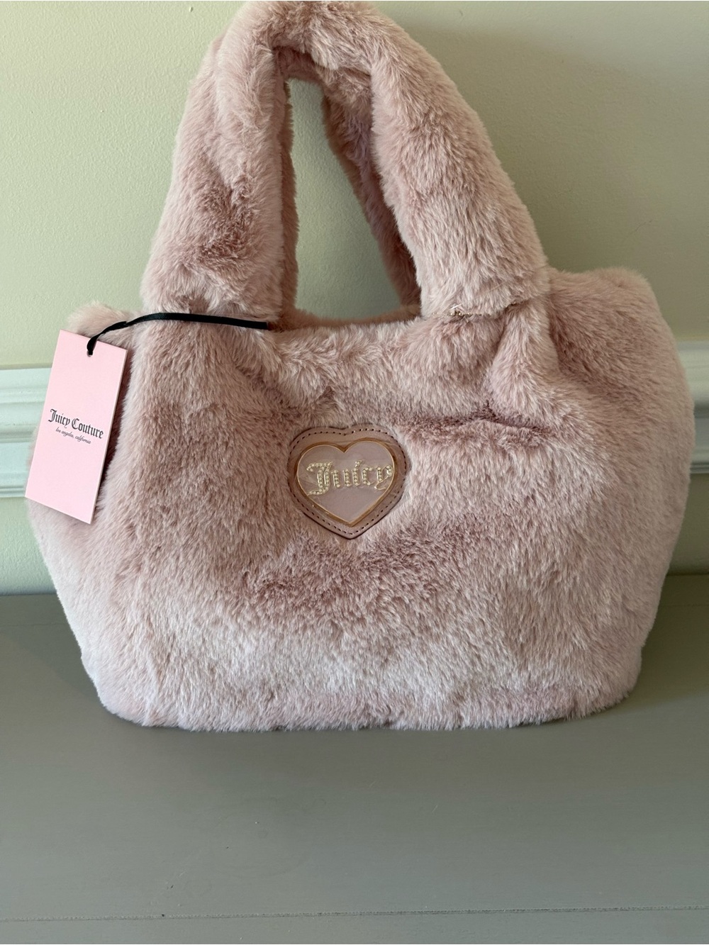Juicy Couture Blush Pink Faux Fur Tote with Heart Logo